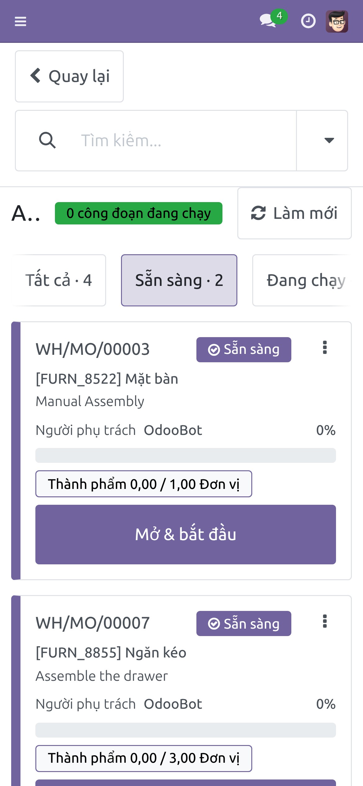 Bảng công việc của trung tâm sản xuất Assembly 1 trên điện thoại