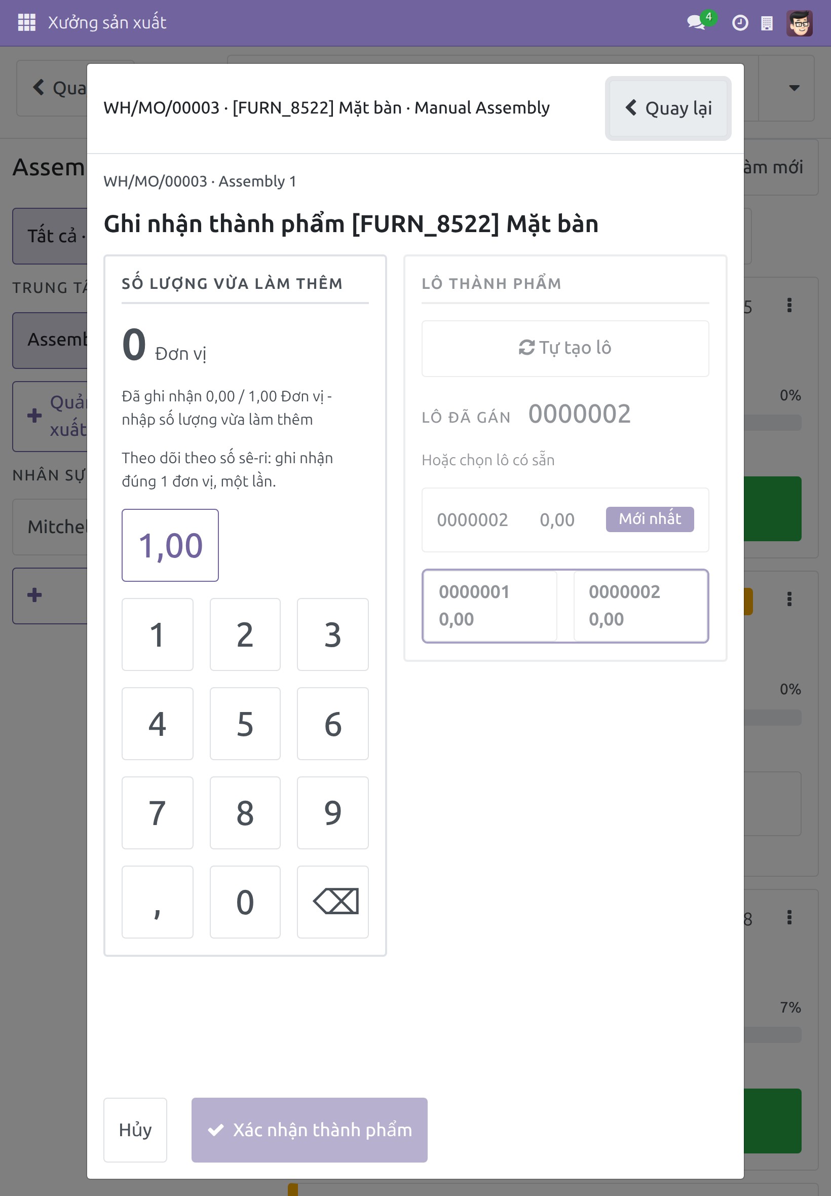 Màn hình Ghi nhận thành phẩm với số sê-ri vừa tạo ở mục LÔ ĐÃ GÁN