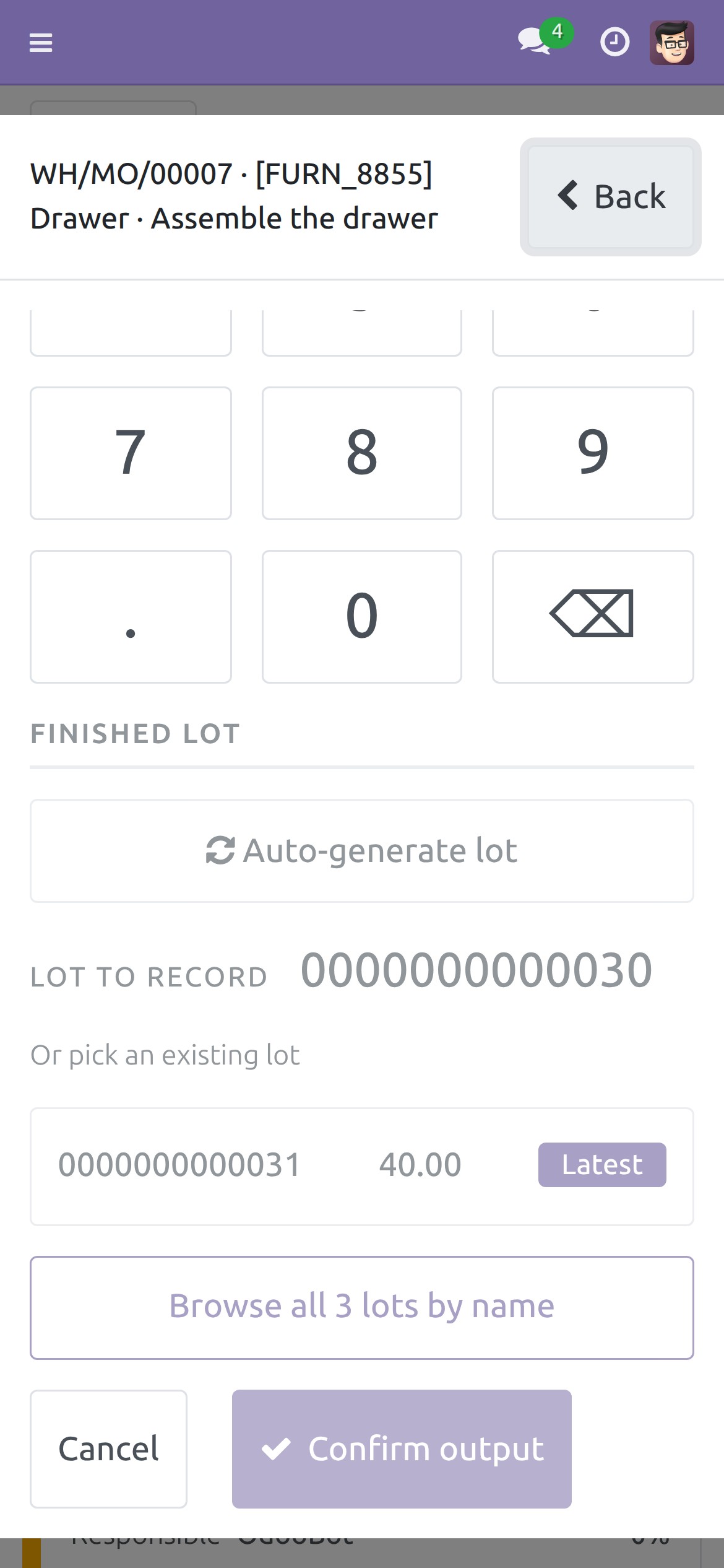 Phone: Record output screen with the scanned lot 0000000000030 ready to record