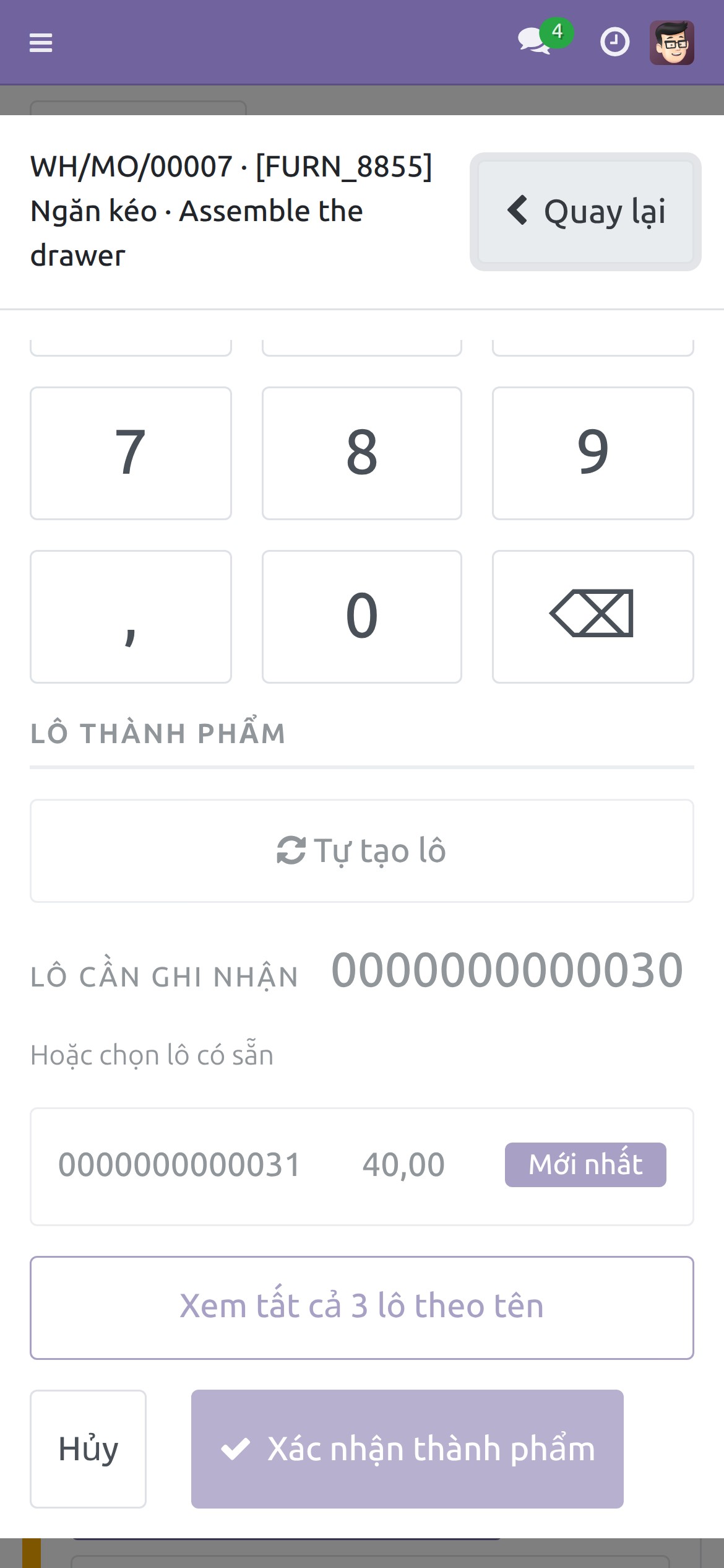 Điện thoại: màn hình Ghi nhận thành phẩm với số lô 0000000000030 vừa quét sẵn sàng để ghi nhận
