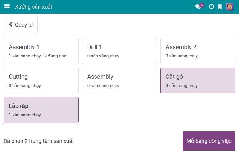 Màn hình chọn với hai trung tâm sản xuất đã được chọn
