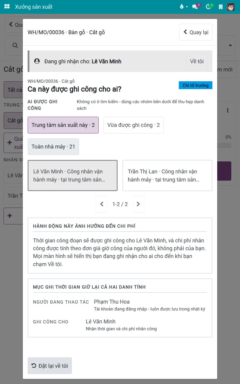 Hộp chọn Thay mặt với ghi chú chi phí nhân công và nhân viên được ghi công