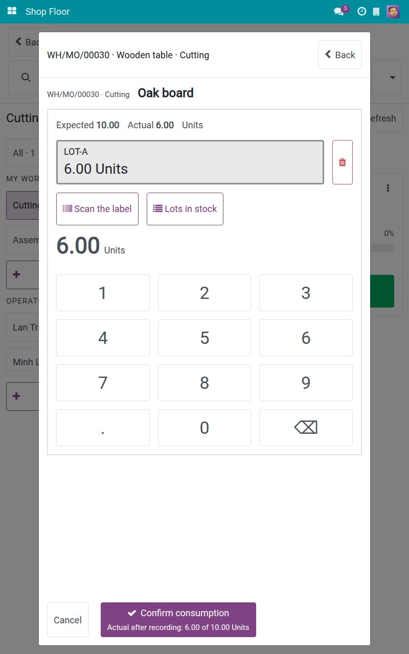 Lot and quantity pairs of a component tracked by lot