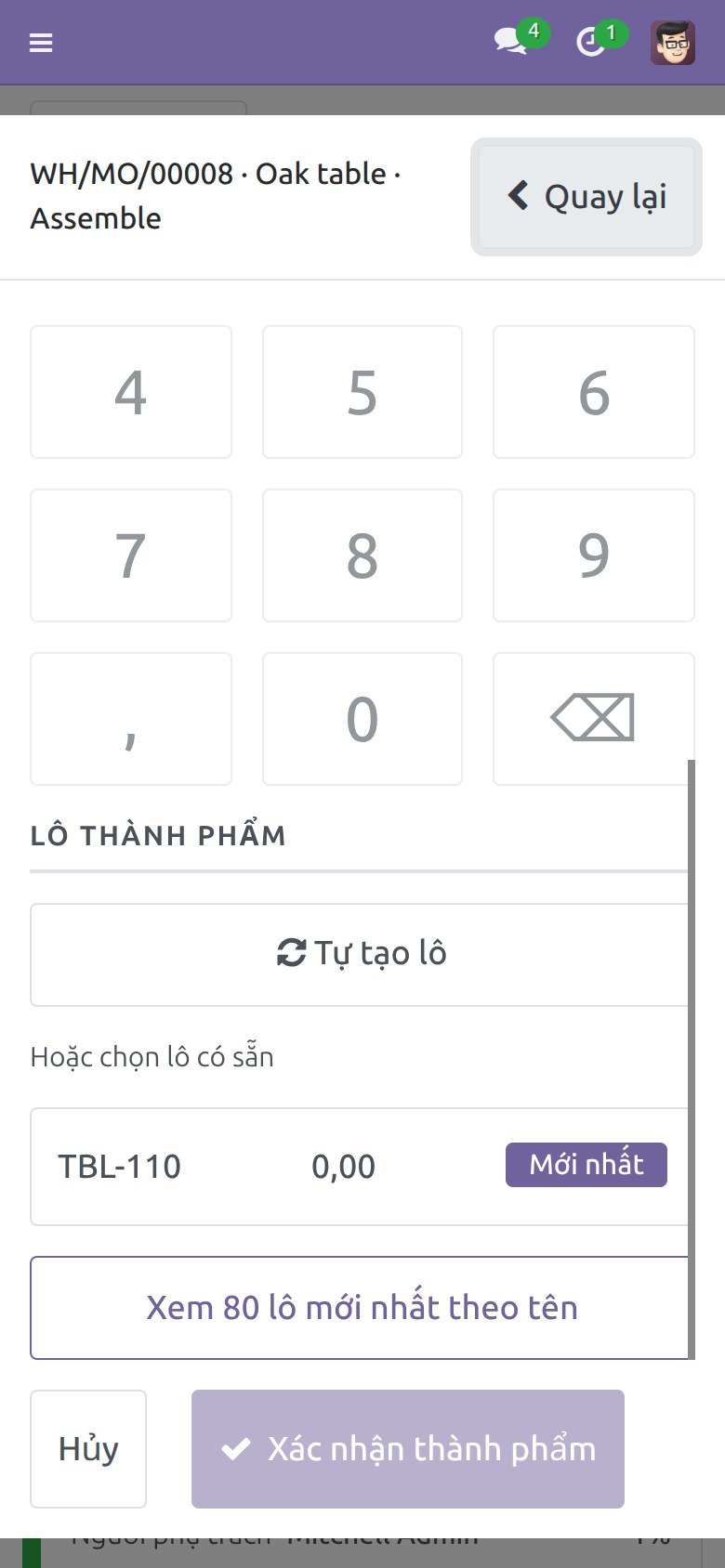 Điện thoại: màn hình ghi nhận thành phẩm khi bộ chọn lô đang đóng