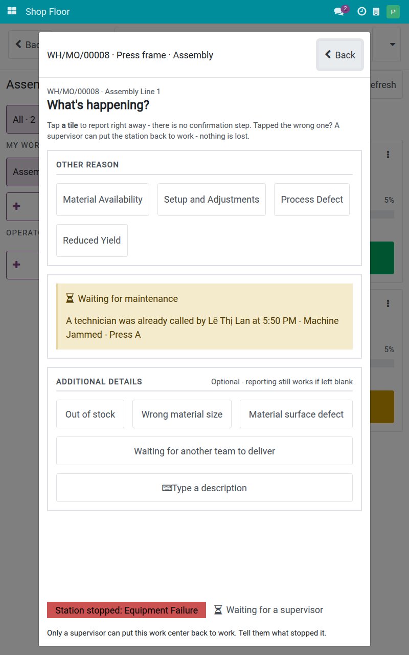 Waiting for maintenance panel saying a technician was already called by the first operator, with the time