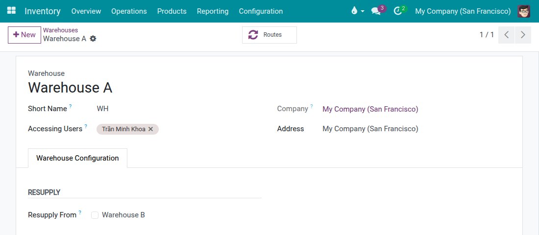 The warehouse form with the operator listed under Accessing Users