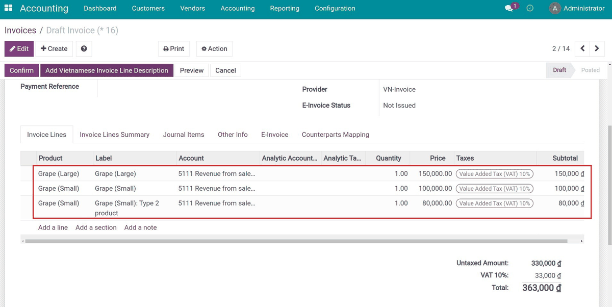 Vietnam Electronic Invoice Line Grouping