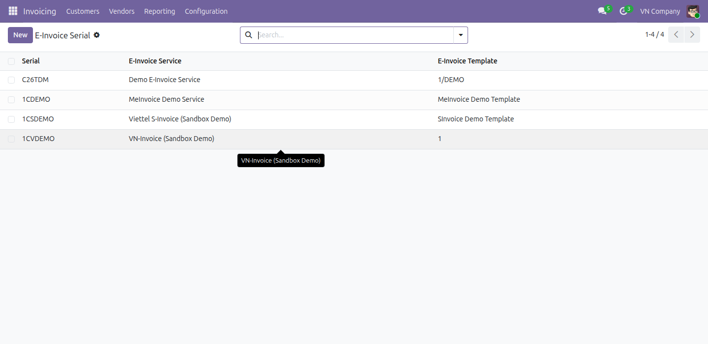 Unified E-Invoice Serial list showing a meInvoice serial next to other providers