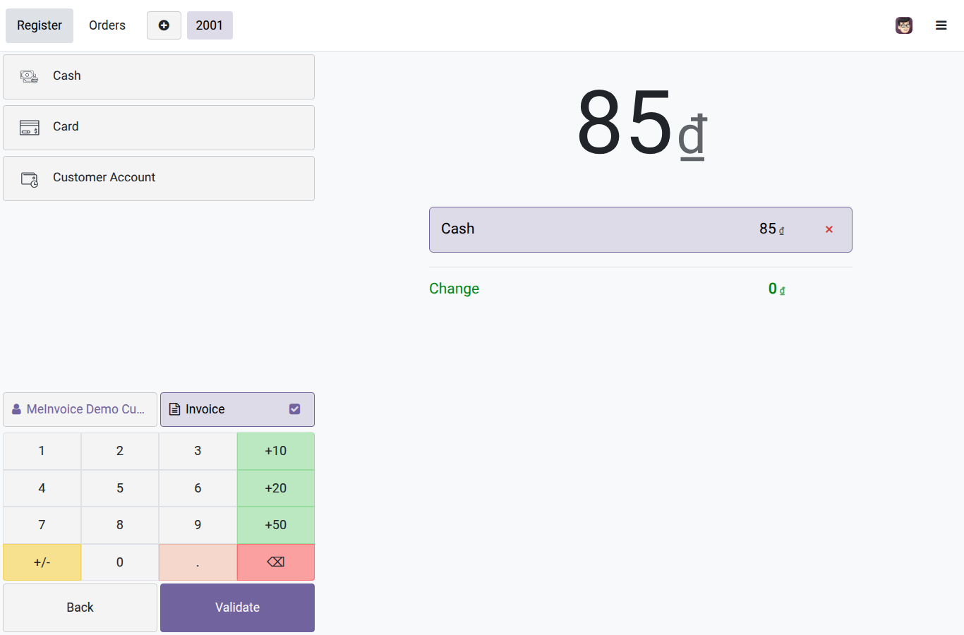 The POS Payment screen with the Invoice option enabled