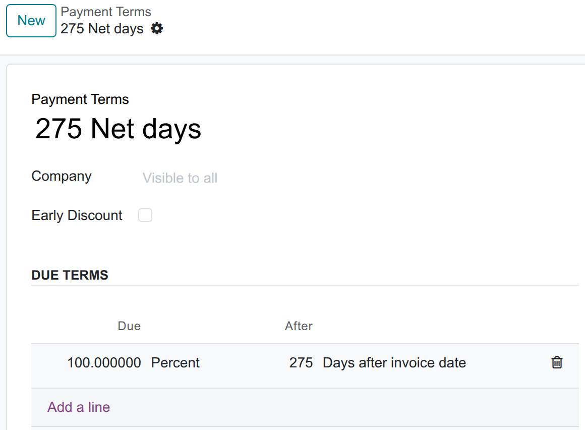 The 275 Net days payment term: one due line of 100 percent after 275 days