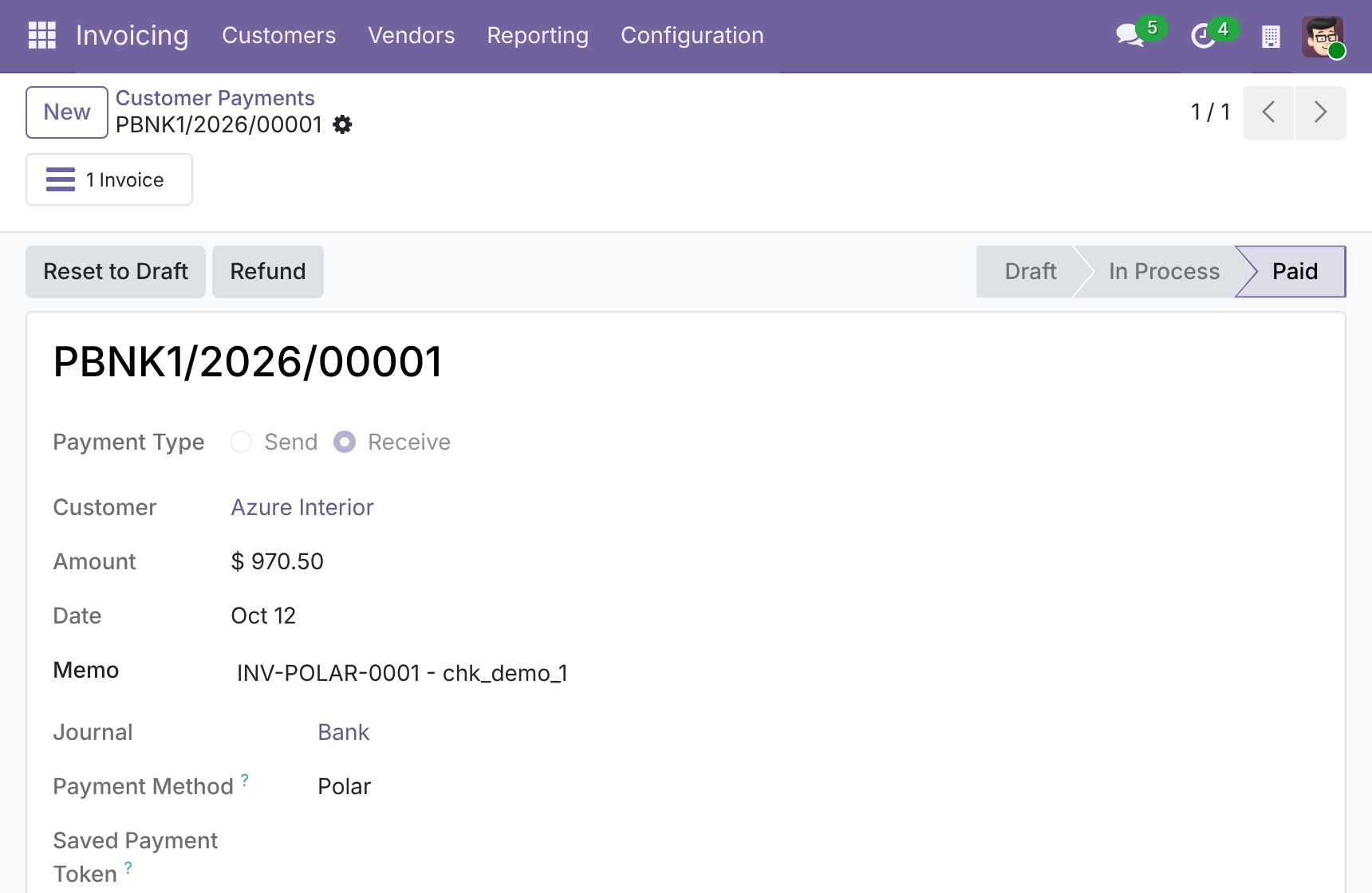A paid Polar payment booked at the net amount, with the Refund button