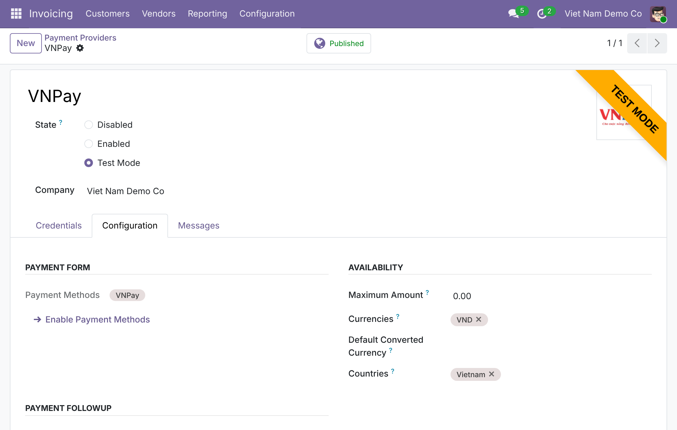 Open the VNPay provider