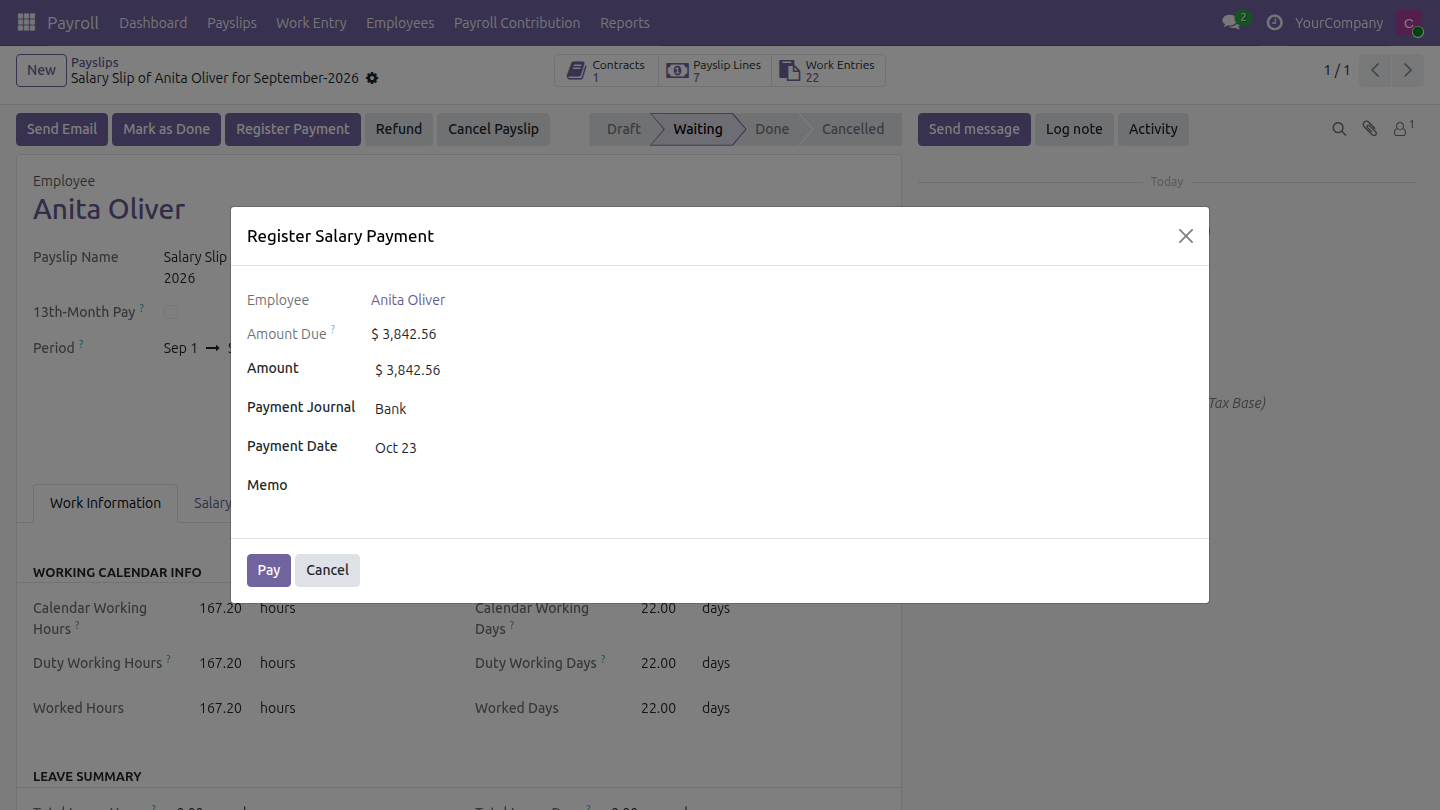 The salary payment dialog with the amount due, expenses included