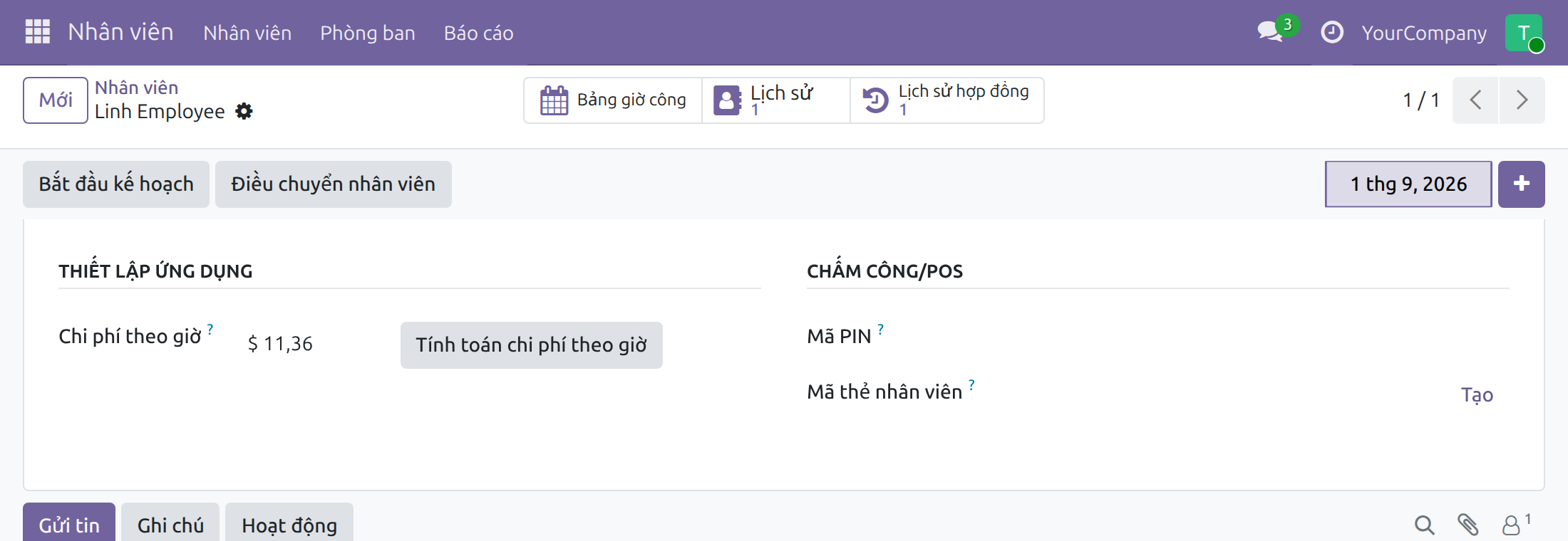 Biểu mẫu nhân viên với nút Tính toán chi phí theo giờ