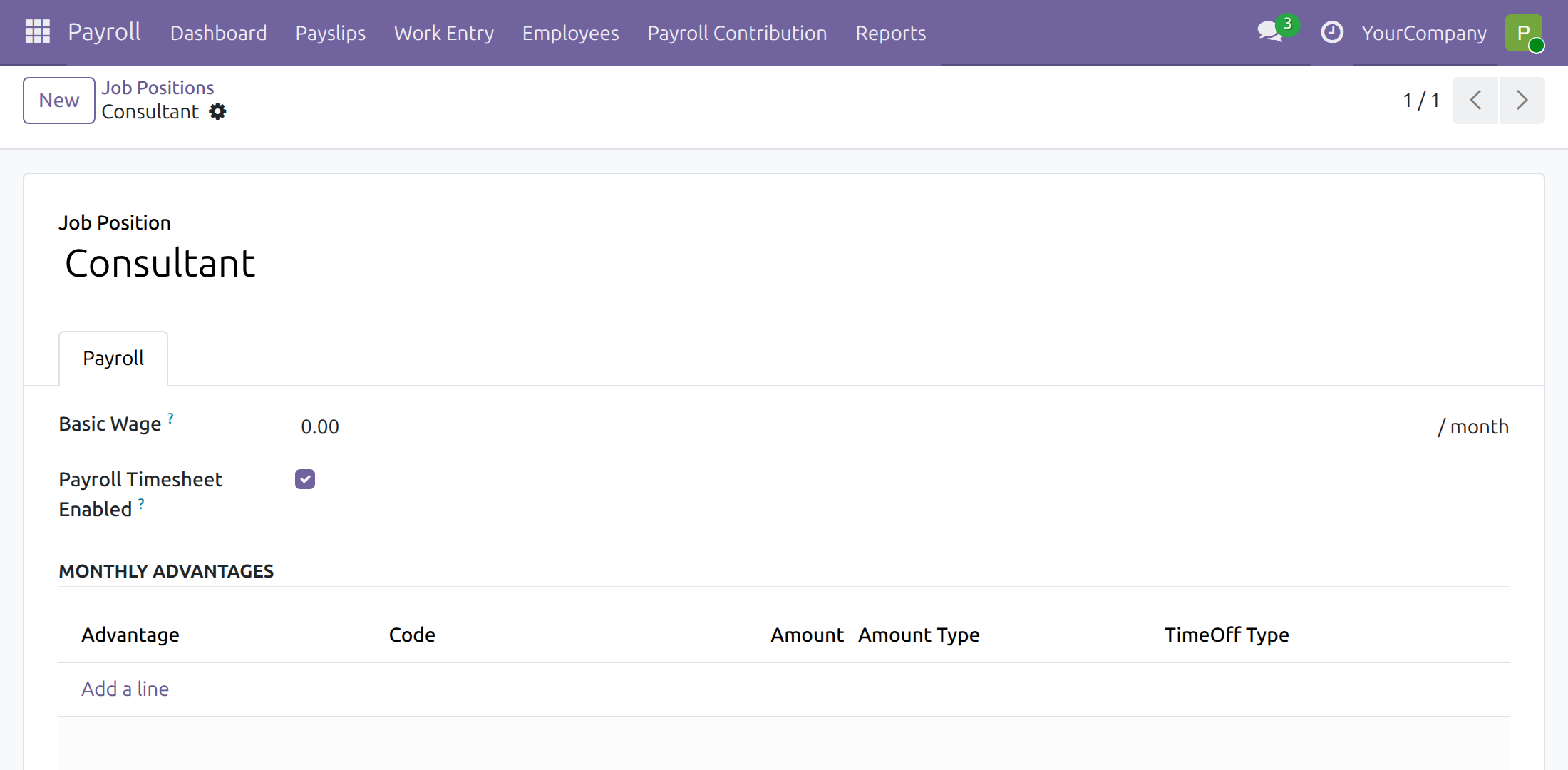 Job position with Payroll Timesheet Enabled