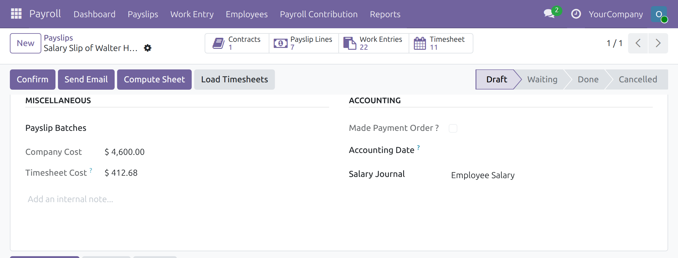 Payslip Accounting tab with the timesheet cost