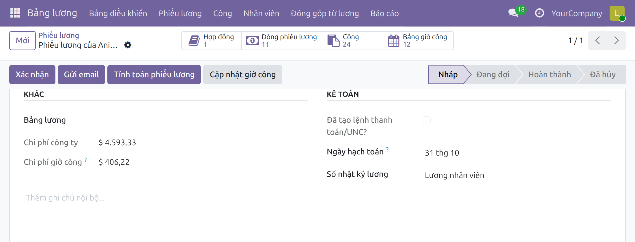 Thẻ Kế toán của phiếu lương với chi phí giờ công
