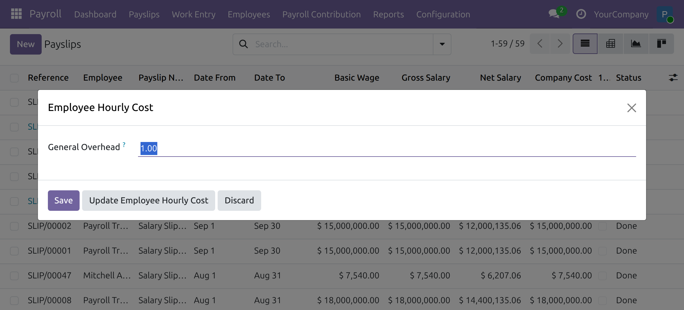 Employee Hourly Cost window with General Overhead and the update button