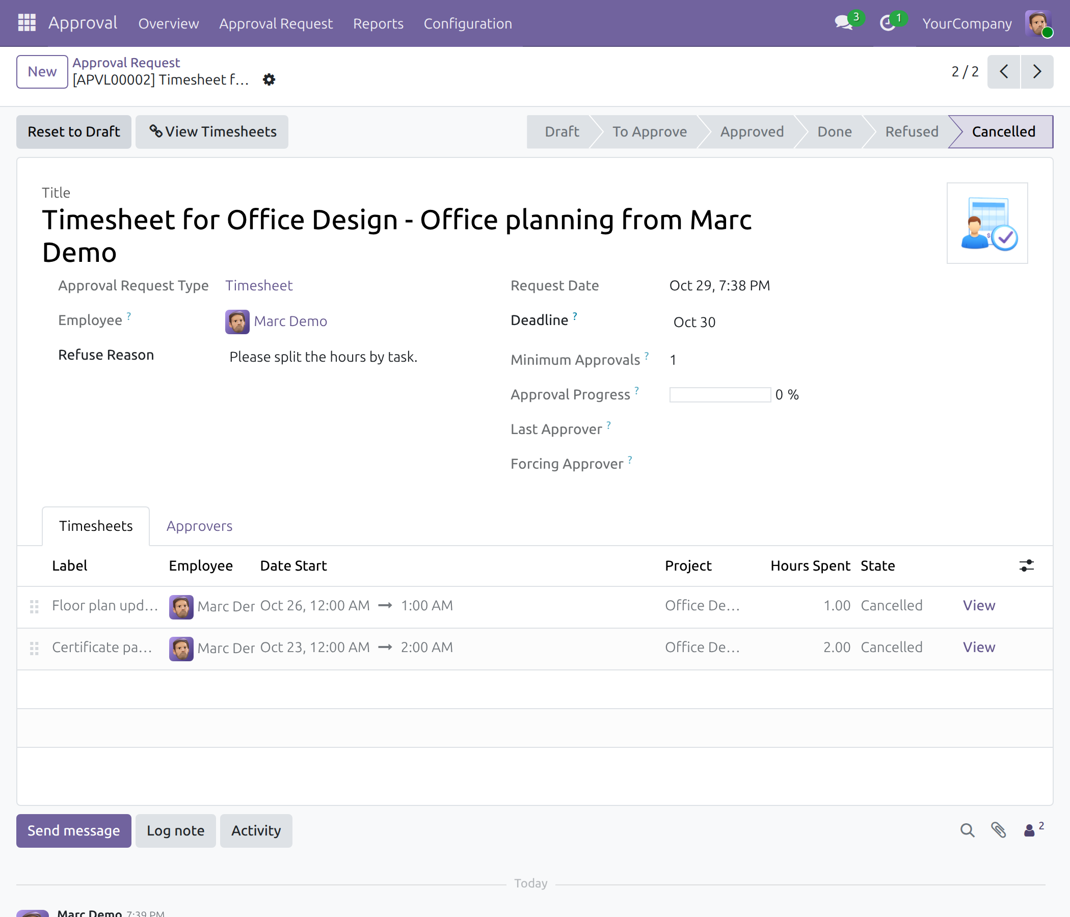 A cancelled timesheet approval request