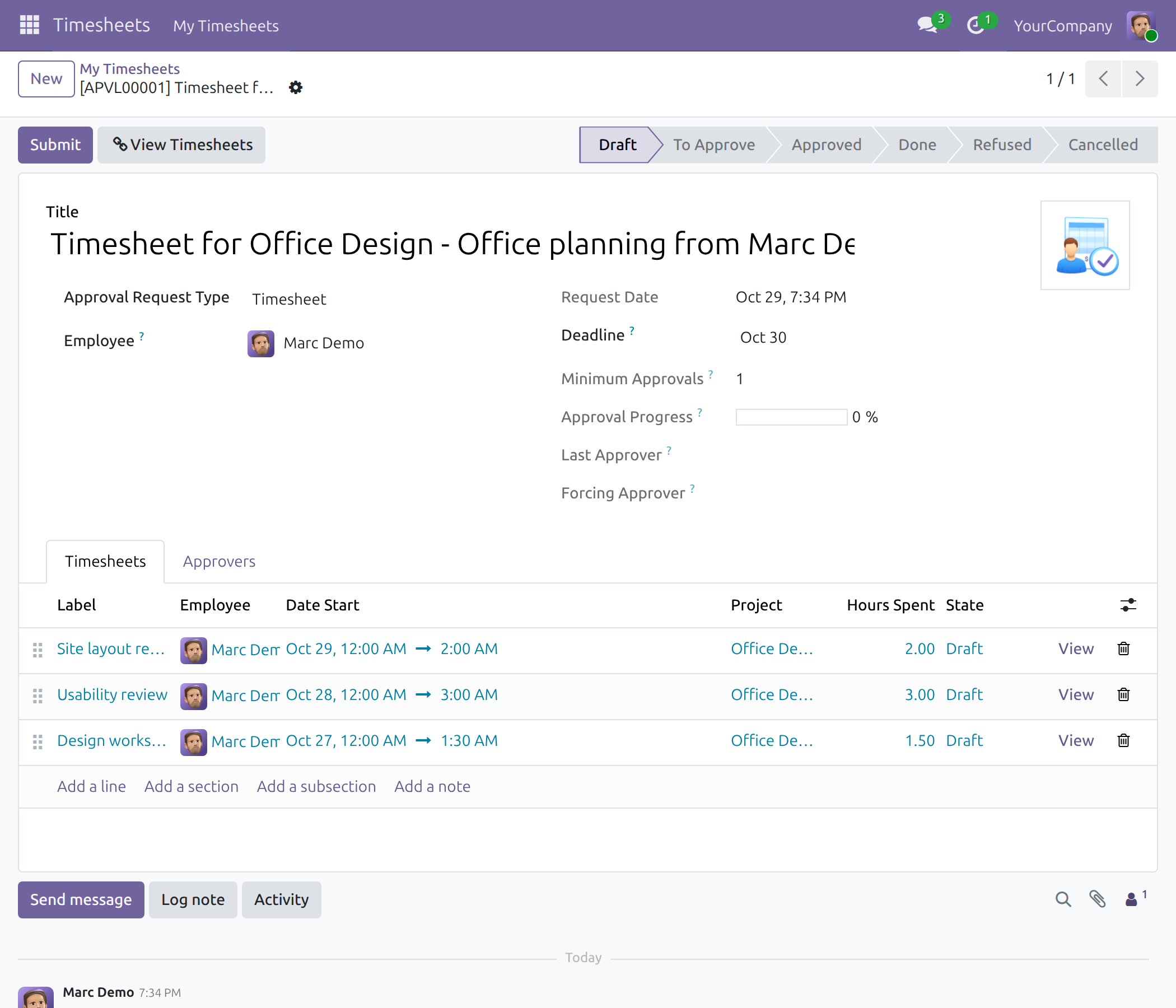 A timesheet approval request in draft