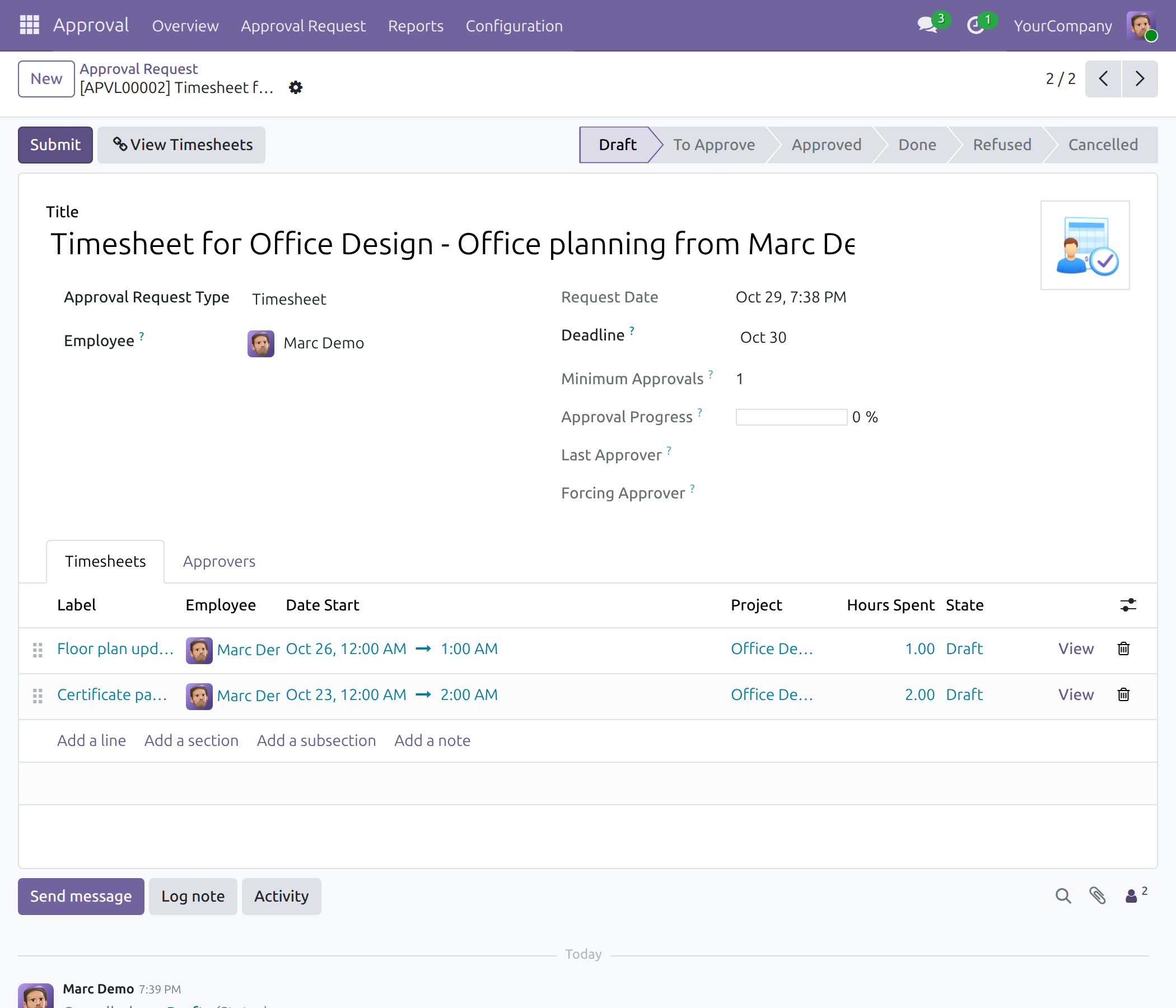 A timesheet approval request set back to draft