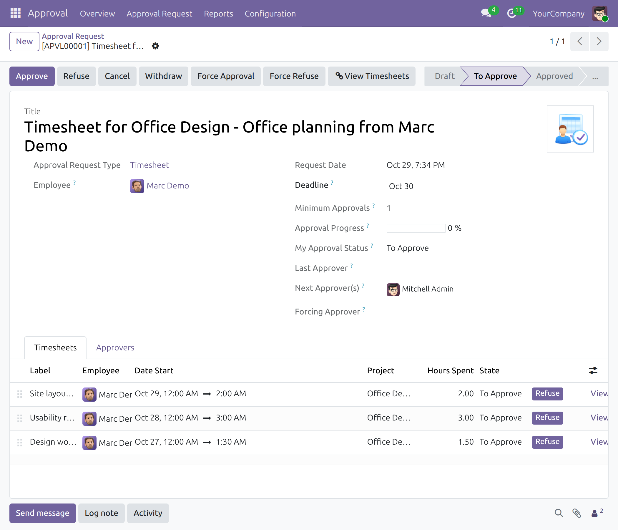 A request waiting for approval, with the Approve and Refuse buttons
