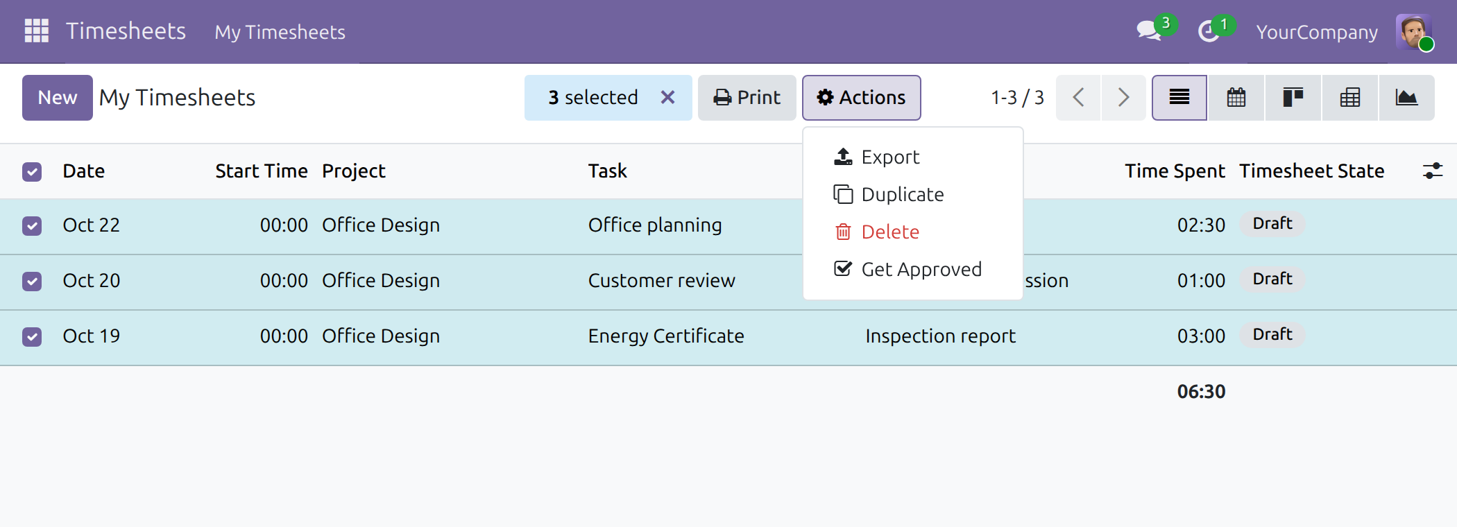 The Get Approved action on selected draft timesheets