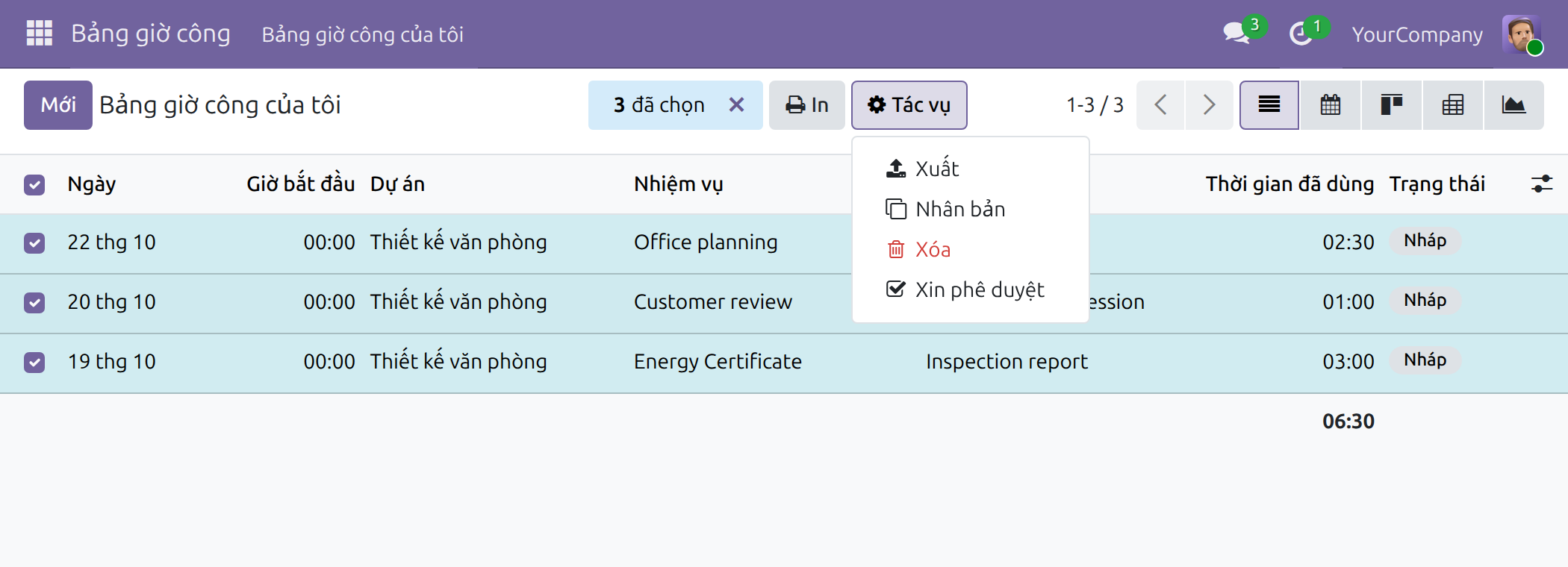Tác vụ Xin phê duyệt trên các giờ công nháp đã chọn