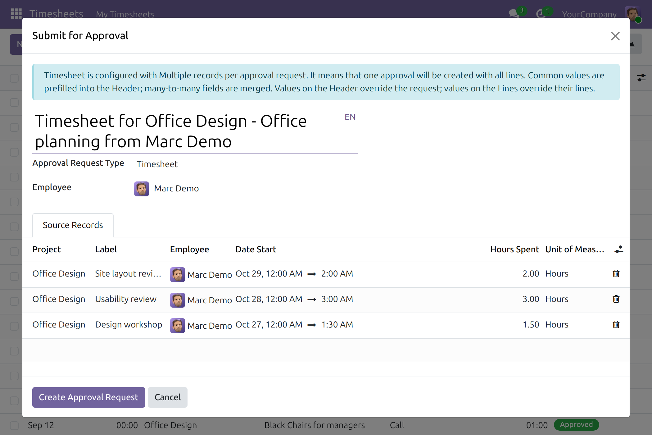 Send hours for approval in one request