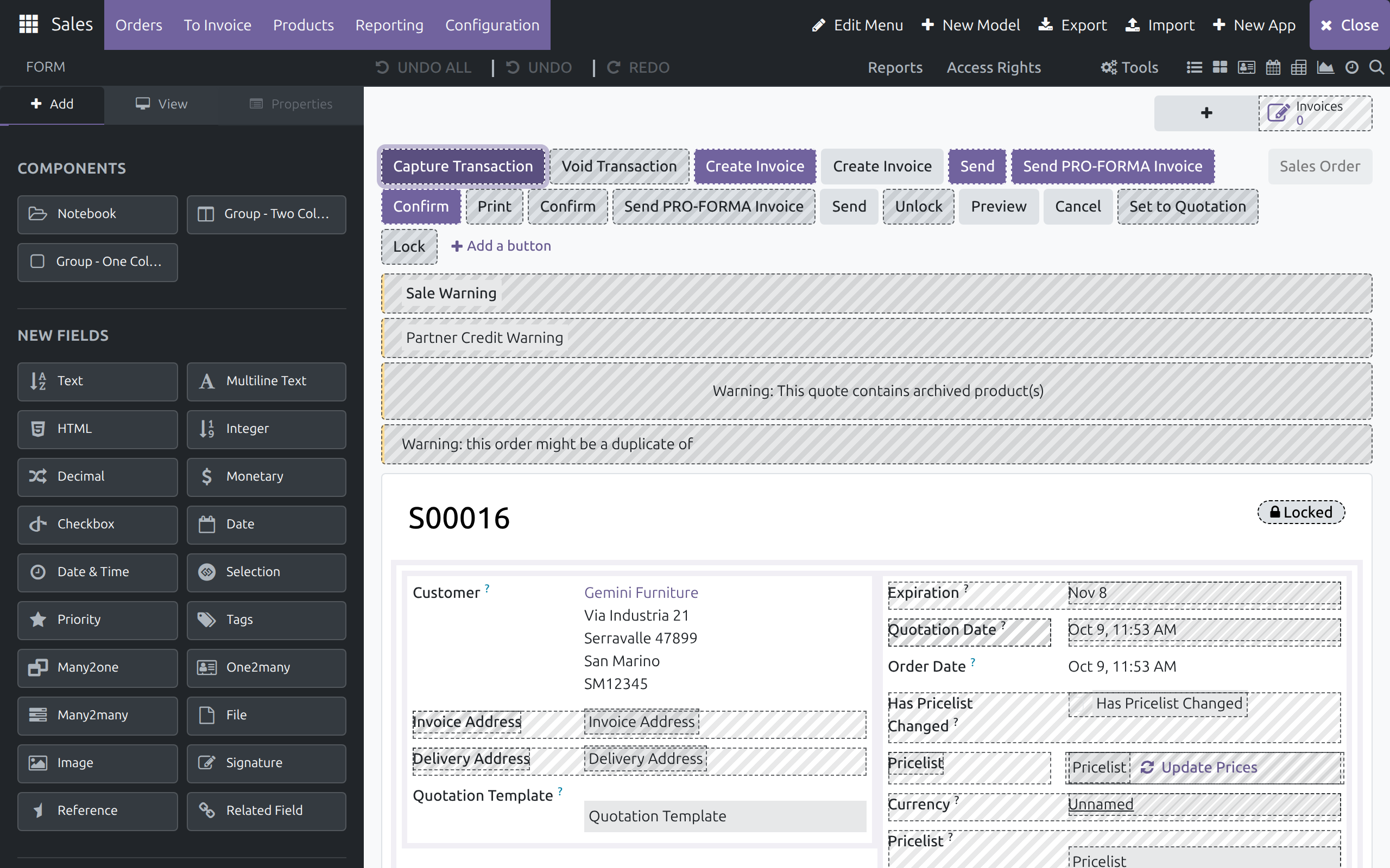 The Customizer open on a sales order form, with the Components and New Fields tiles in the left panel and the form canvas showing hatched hidden elements