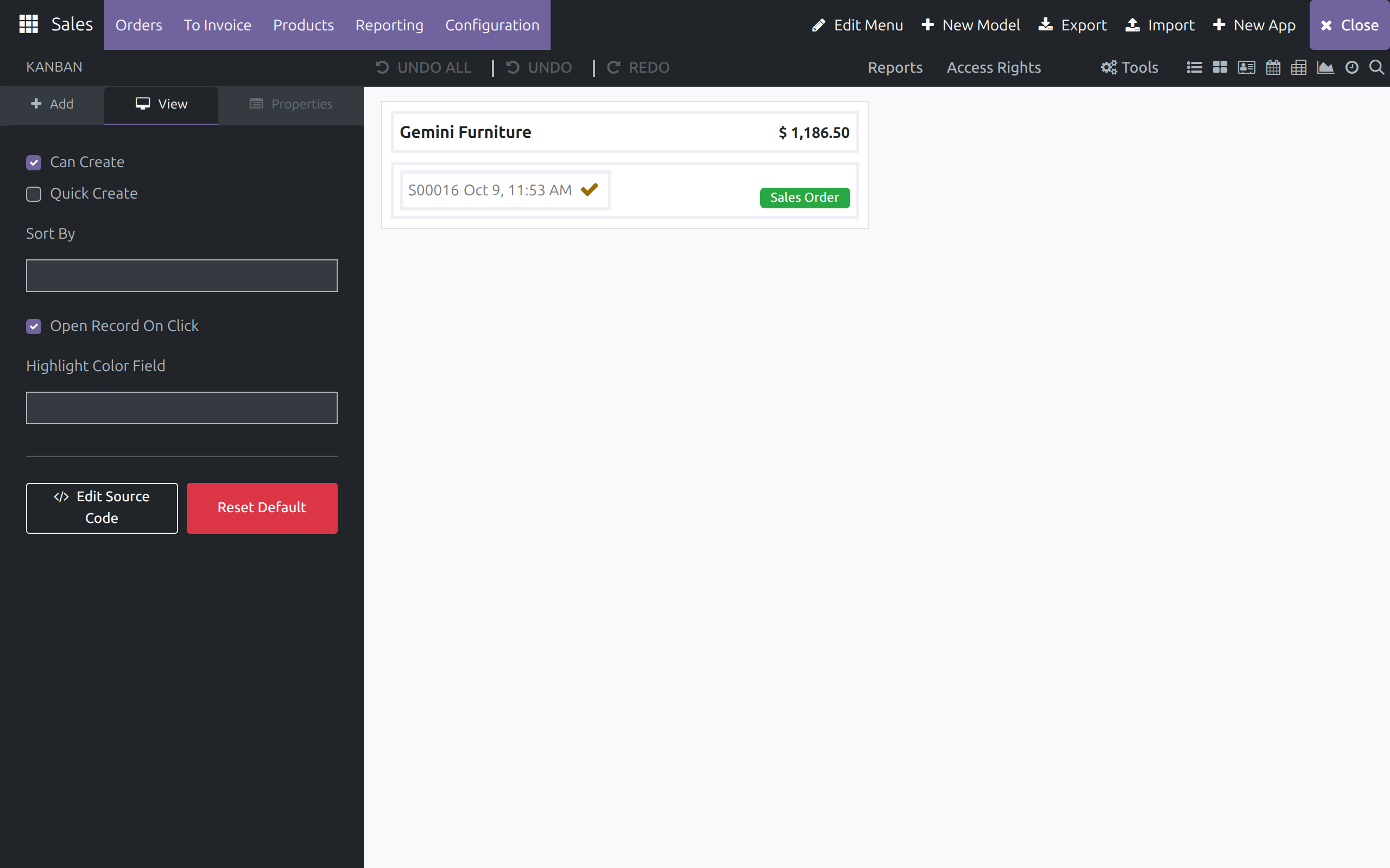The Kanban view's View tab with Can Create, Quick Create, Sort By, Open Record On Click and Highlight Color Field