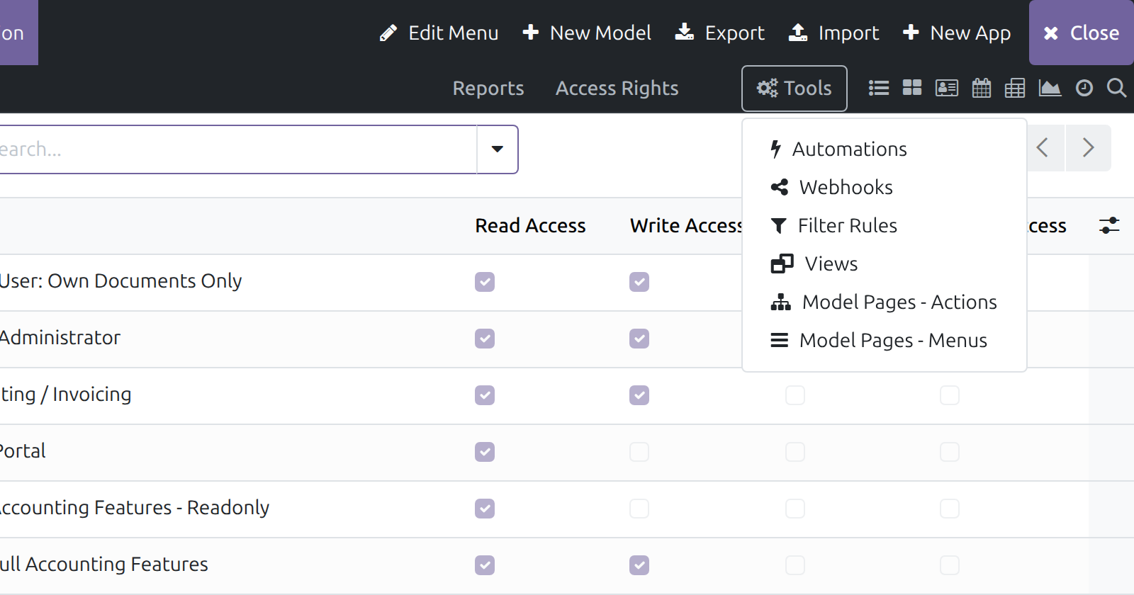 The Tools dropdown open, listing Automations, Webhooks, Filter Rules, Views, Model Pages - Actions and Model Pages - Menus