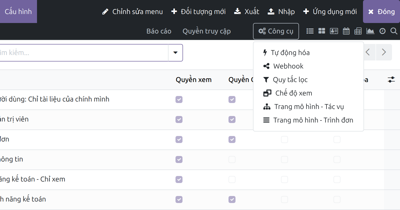 Danh sách xổ xuống Công cụ đang mở, liệt kê Tự động hóa, Webhook, Quy tắc lọc, Chế độ xem, Trang mô hình - Tác vụ và Trang mô hình - Trình đơn