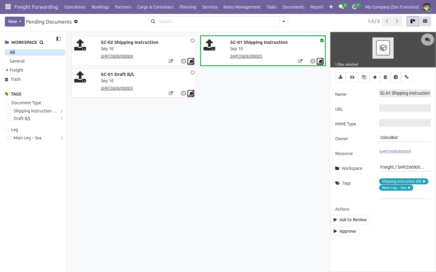 A document's detail panel with the Approve action available.