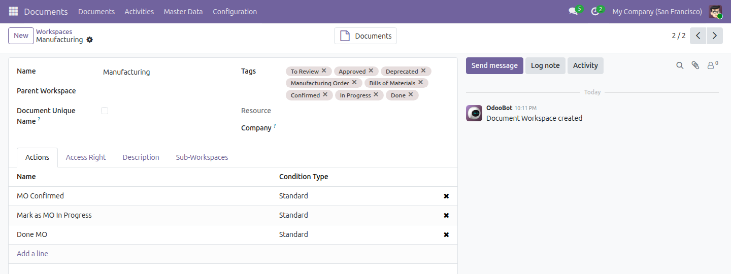 The Manufacturing workspace record, showing its 8 tags and its Actions tab with MO Confirmed, Mark as MO In Progress and Done MO