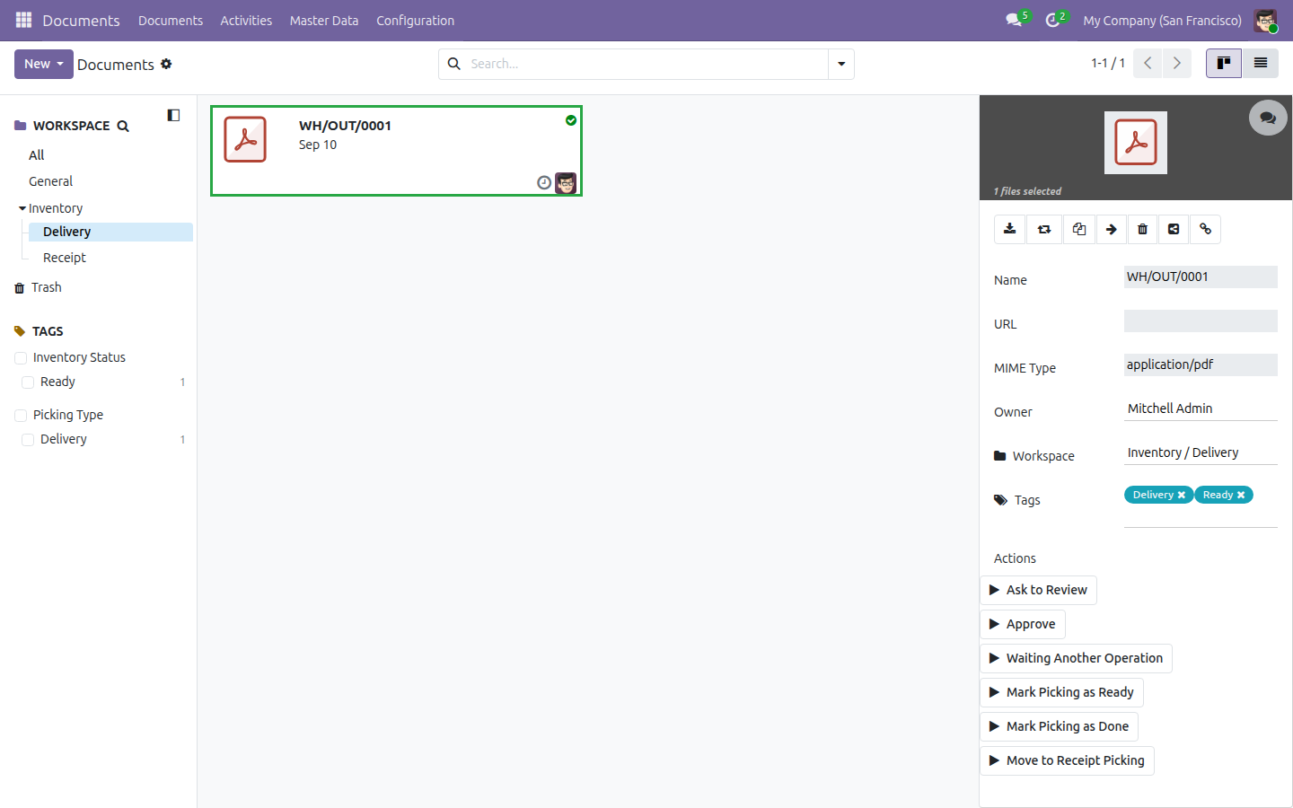 The demo-only Delivery sub-folder with its sample document, tagged Delivery and Ready, and the demo Move to Receipt Picking action