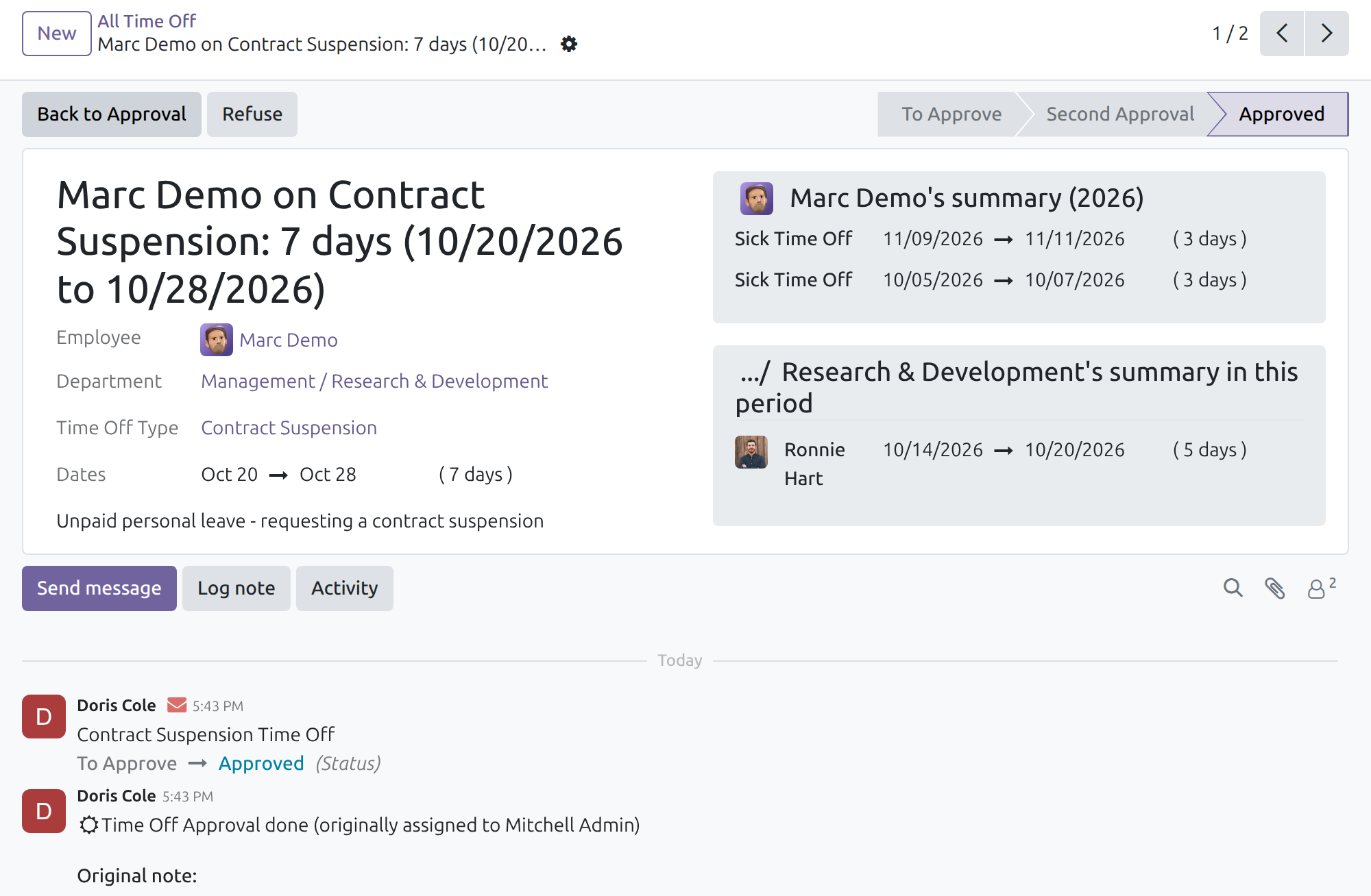The request after approval, with the history of the approval