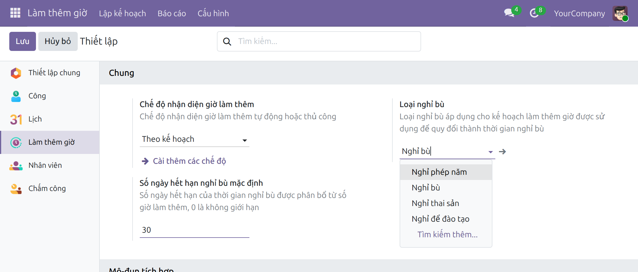 Tăng ca - Nghỉ bù - Chấm công