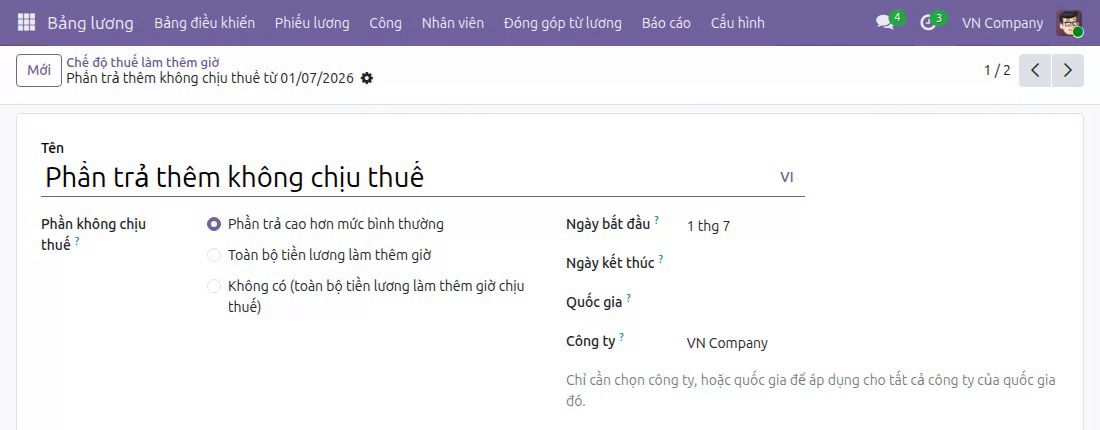 Chọn phần không chịu thuế và ngày áp dụng