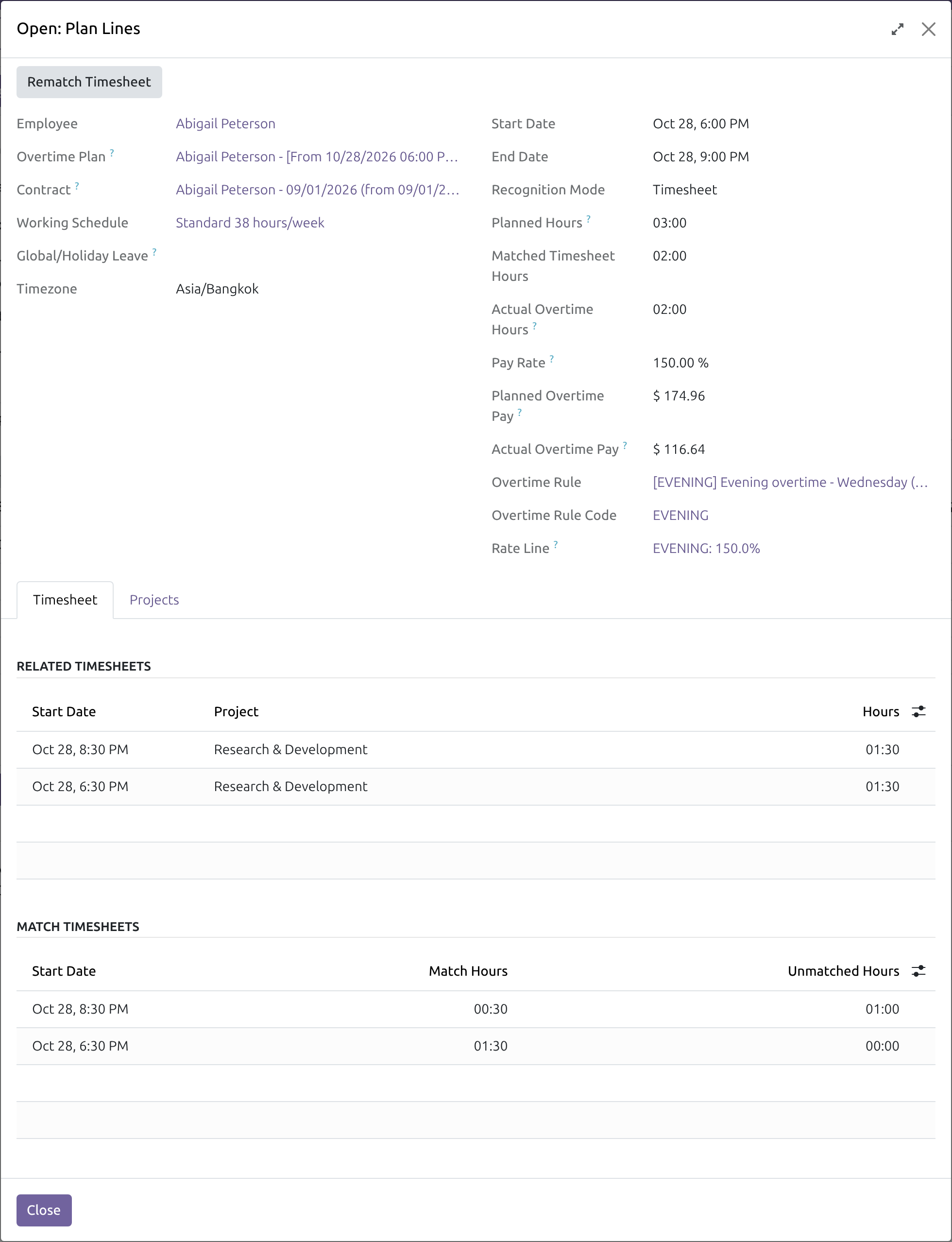 Match a plan line to its timesheets