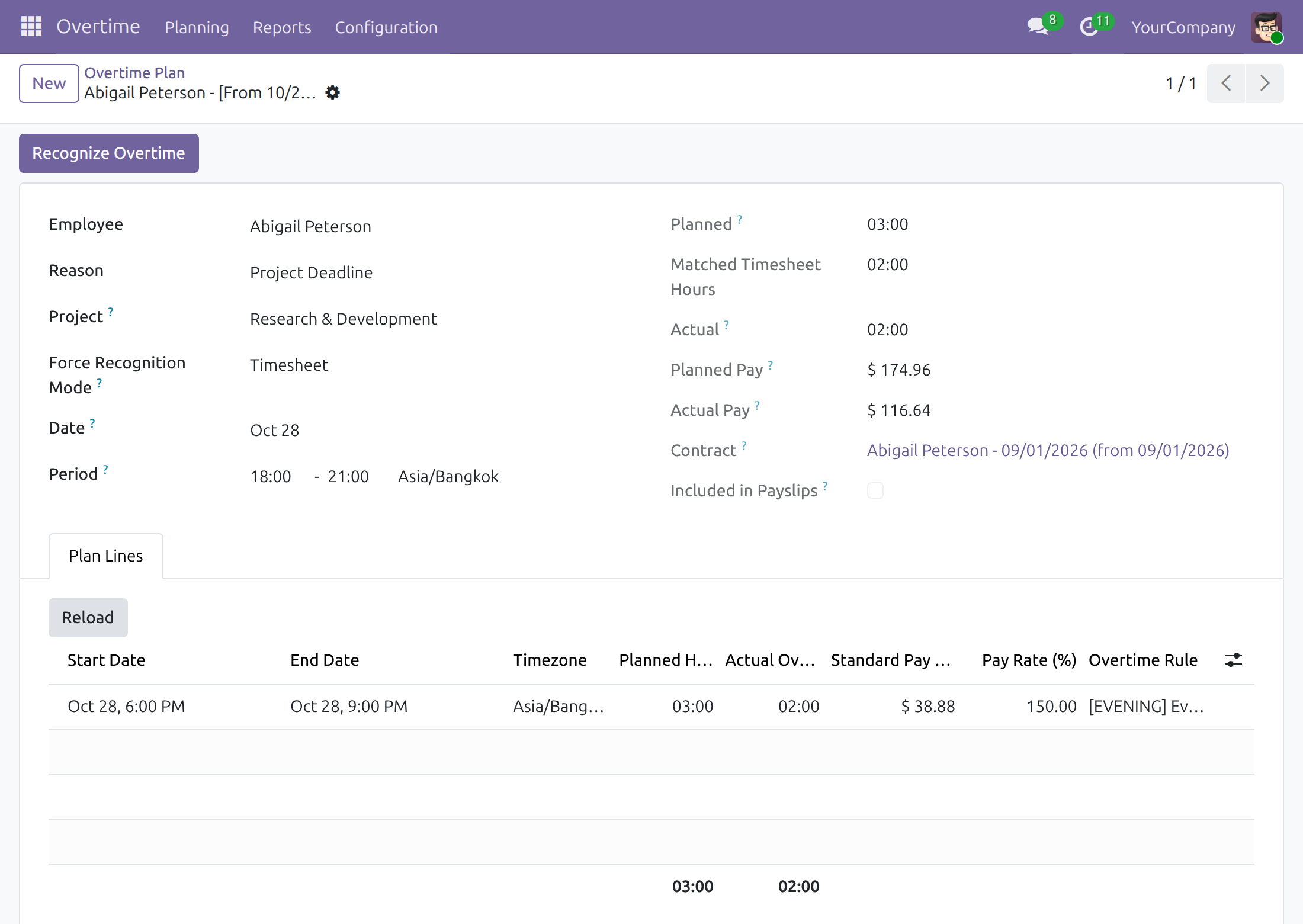 An overtime plan whose actual hours come from matched timesheets