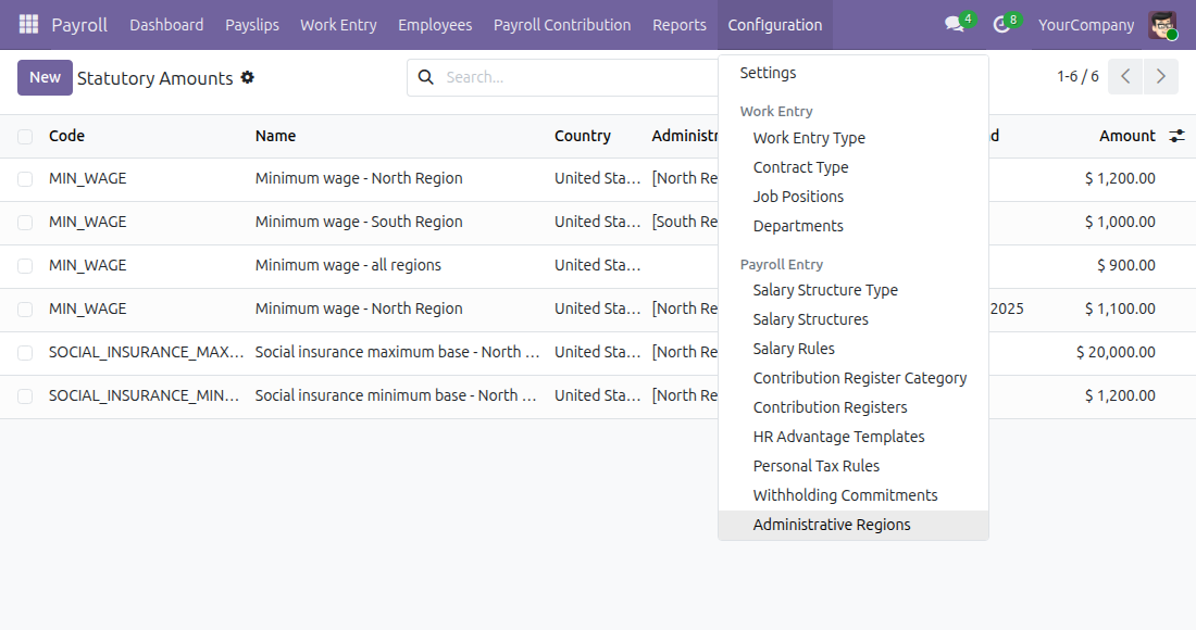 The Administrative Regions entry in the Configuration menu of the Payroll app