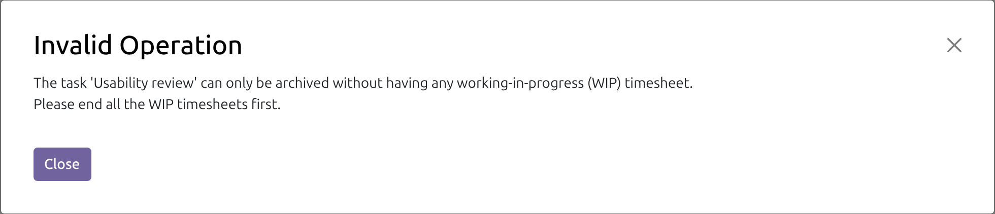 The message shown when archiving a task that still has a running timer