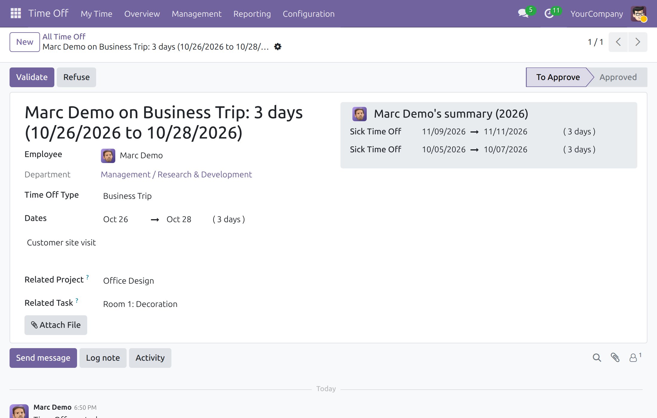 Time off request waiting for approval