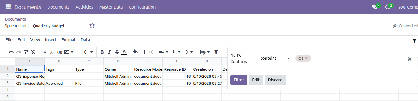 The Filters panel open in the spreadsheet editor showing a Name Contains filter set to Q3, with the linked Odoo list on the sheet visibly narrowed to the two matching rows.
