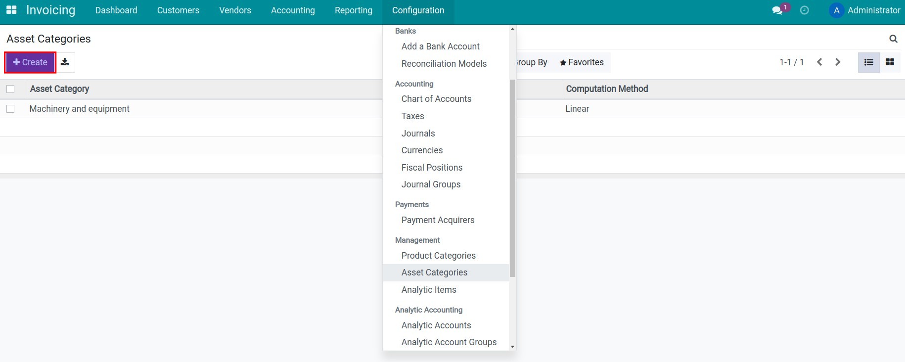 Configure the asset category