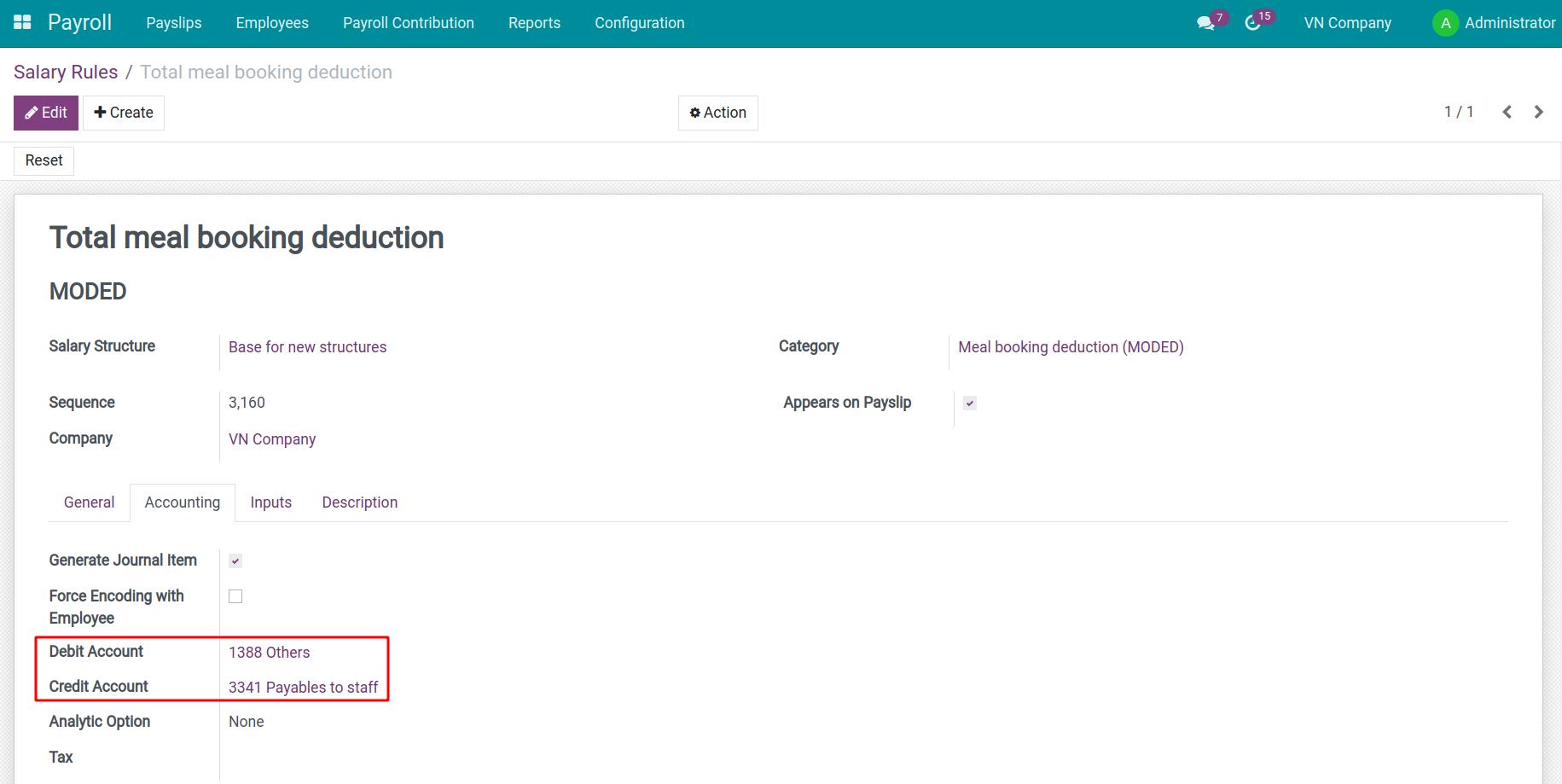 Add default accounting account for Total deduction for meal orders rule