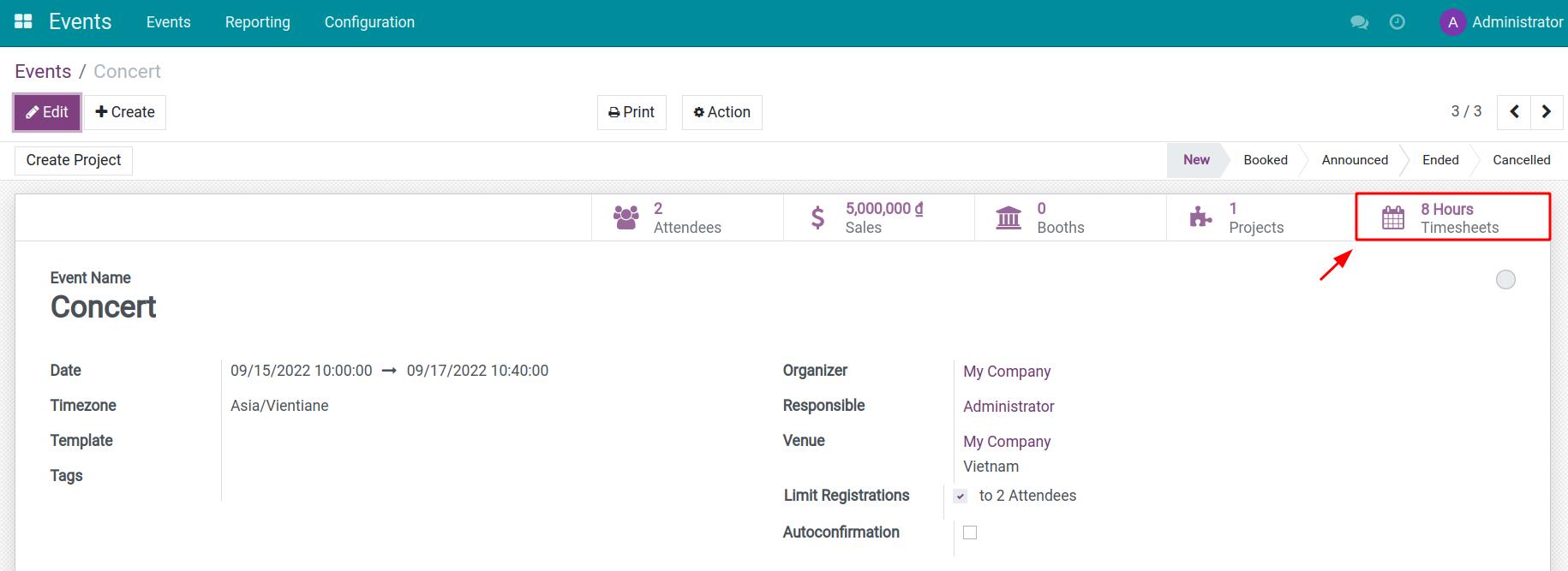 Total logged timesheet hours on an event Viindoo