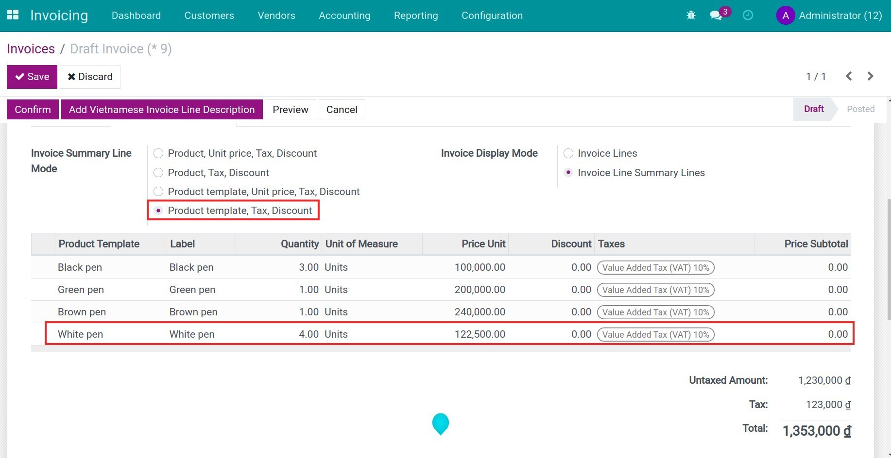 Product template, Tax, Discount