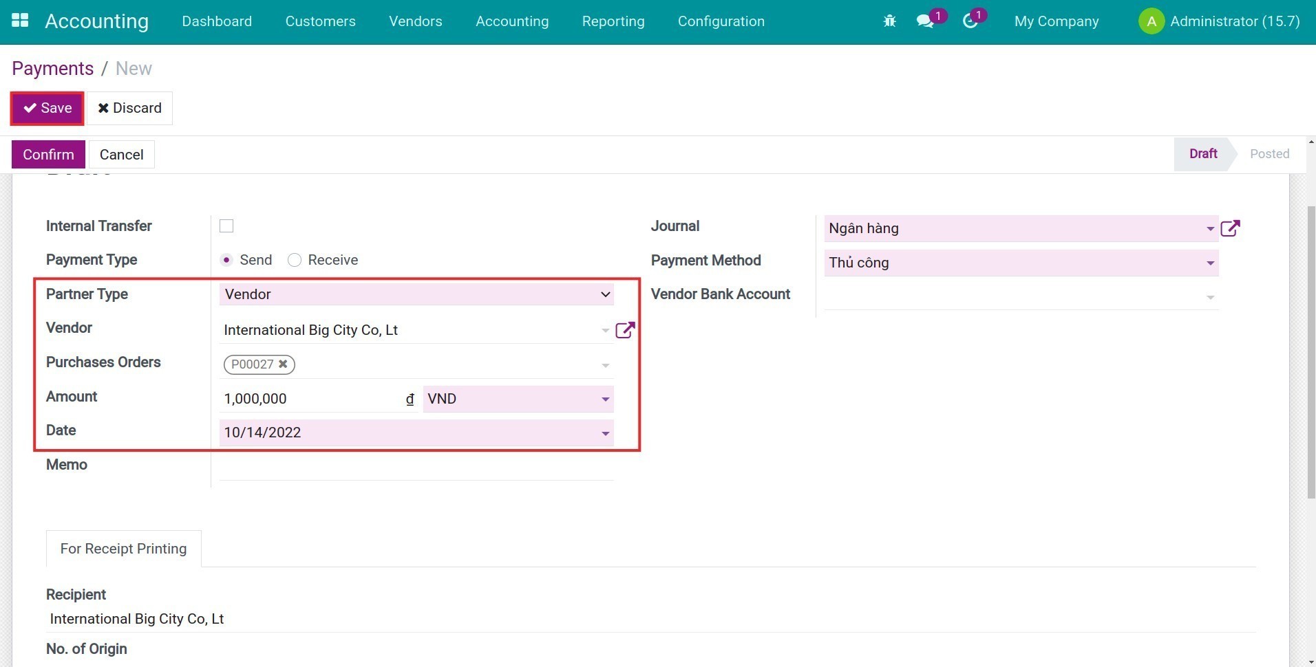 Create payment for purchase order